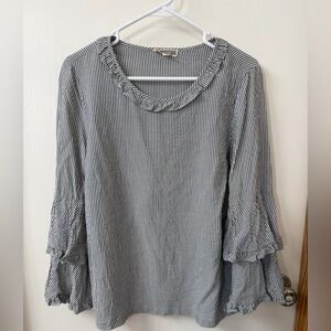 Pleione Navy and White Striped Blouse with Ruffle Sleeves